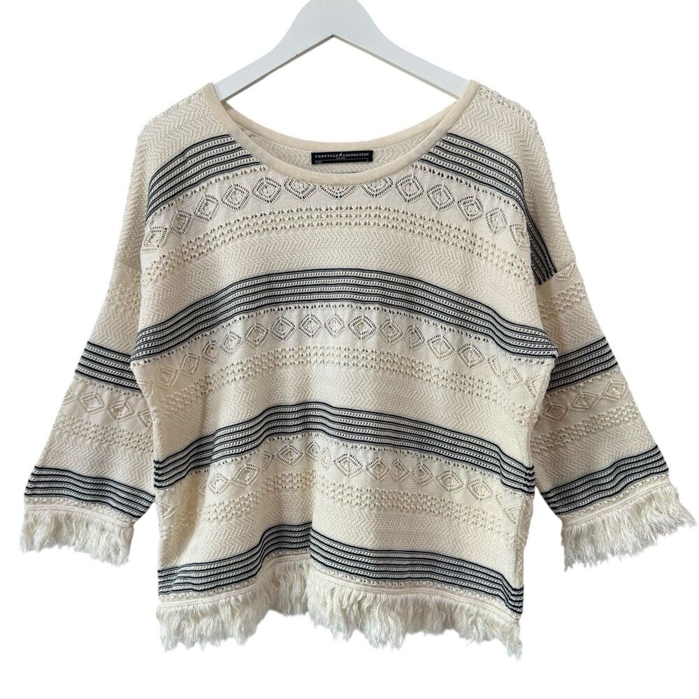 Peruvian Connection Pearl Ojai Top Large Pima Textured Drop Shoulders Fringe EUC